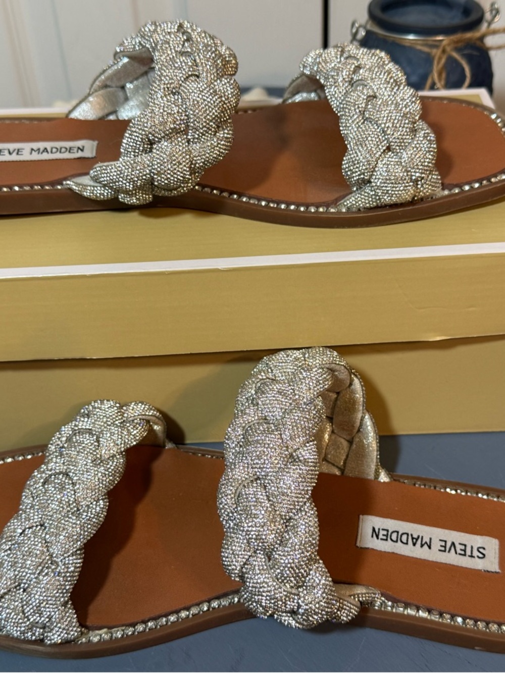 Steve Madden Silver Braided Beaded Slide Sandals